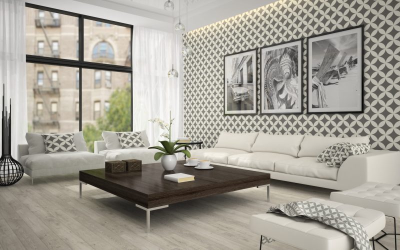 Interior of living room with stylish wallpaper 3D rendering